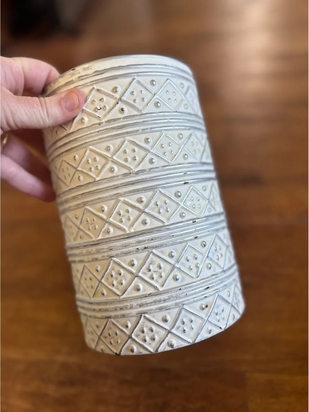 Decorative Embossed Metal Vase with Geometric Pattern